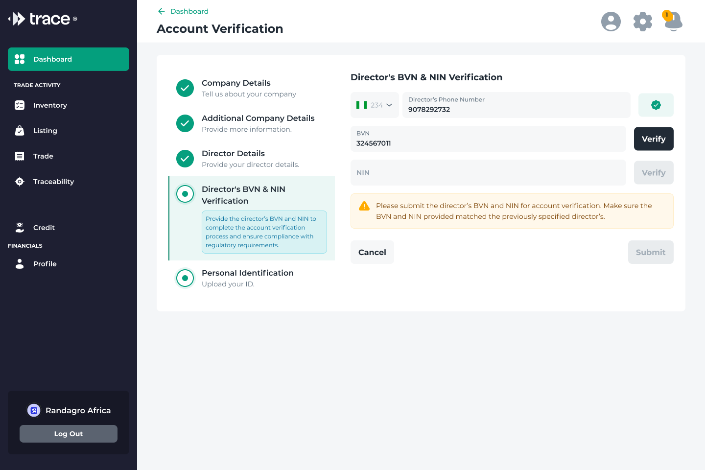 KYB step 4, BVN and NIN verification: per-field Verify actions with phone OTP already confirmed, and Submit gated until identity clears