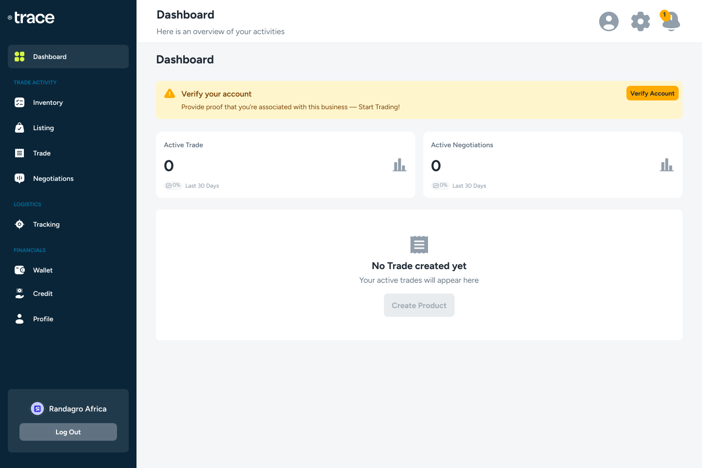 Trace dashboard on first login: zeroed trade stats, a disabled Create Product button, and a Verify your account banner gating everything behind KYB