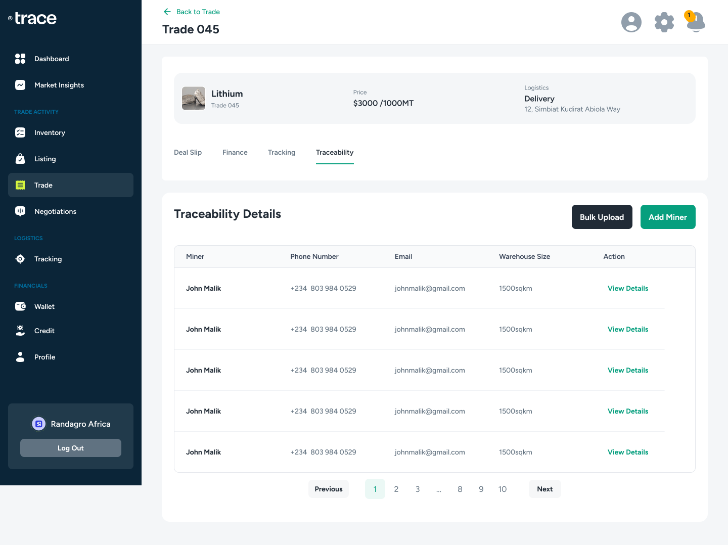 Traceability: miner records with auditable supply chain from source to buyer