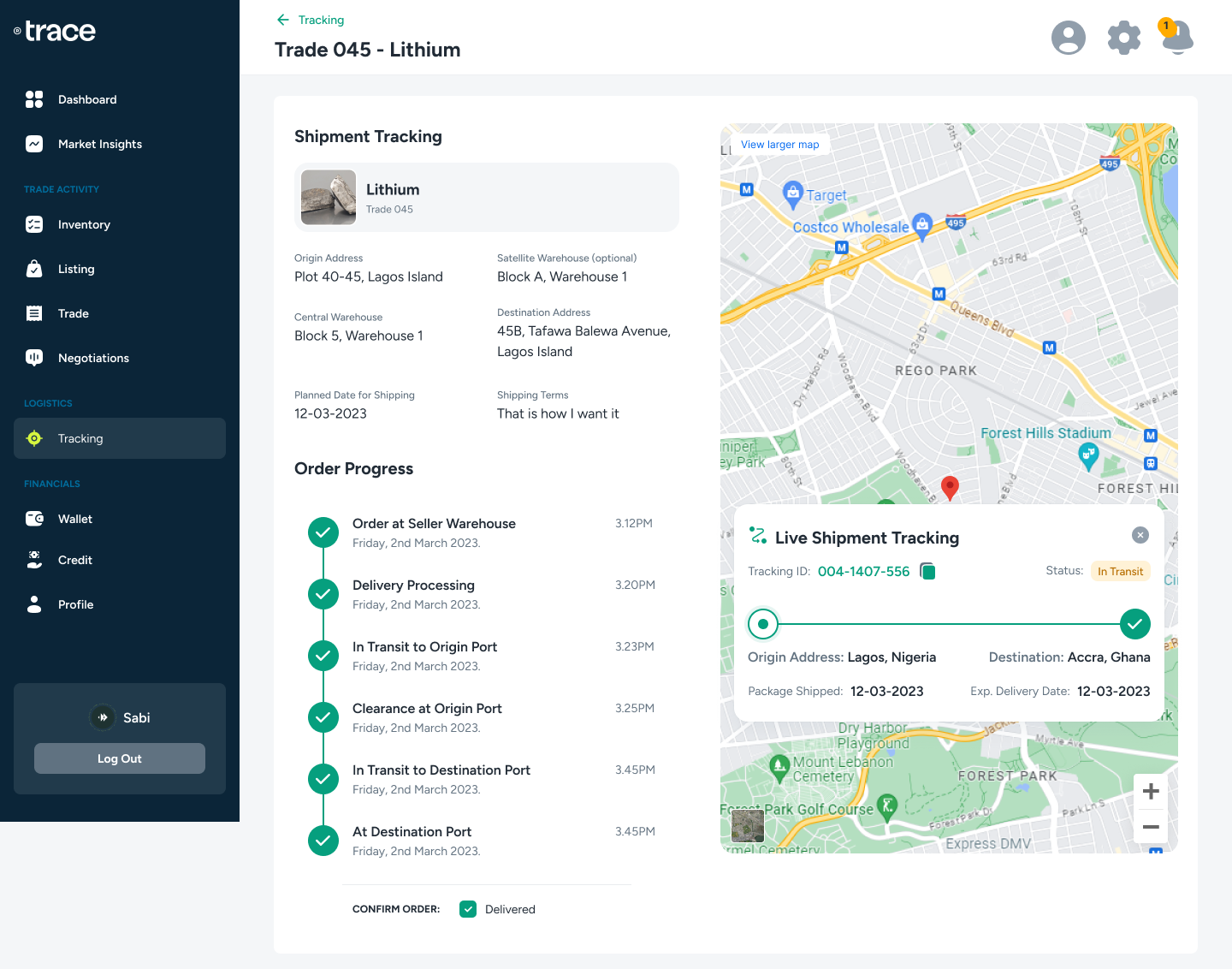 Shipment tracking: live map, order progress timeline, and tracking ID